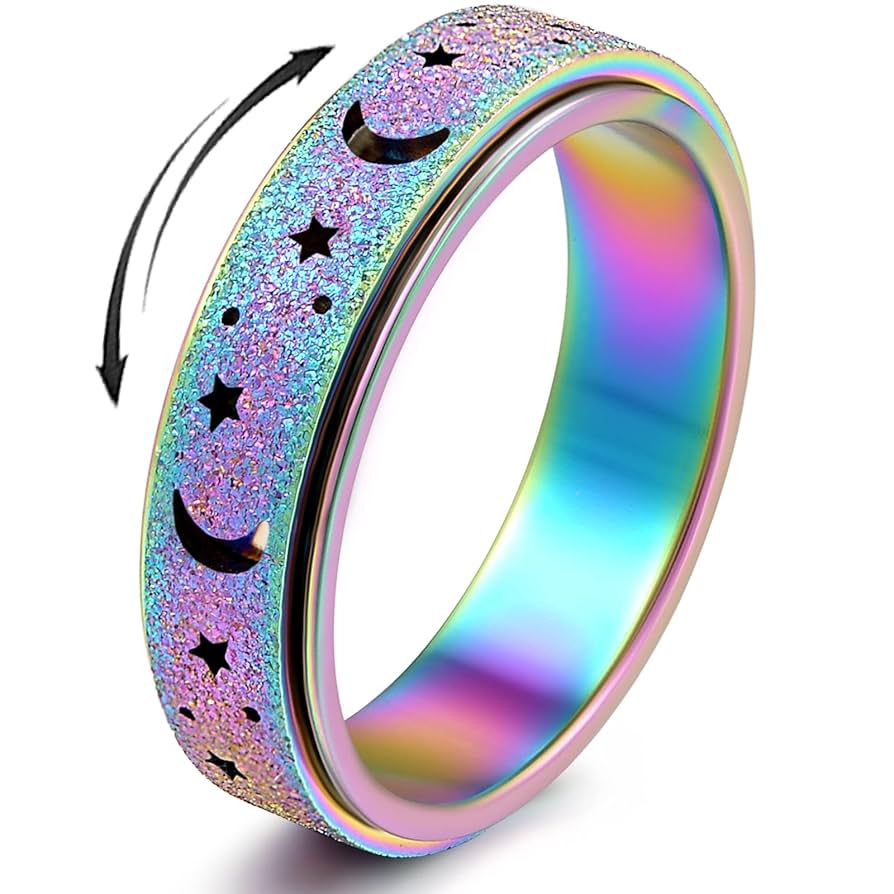 Frosted Moon and Star Spinner Fidget Ring